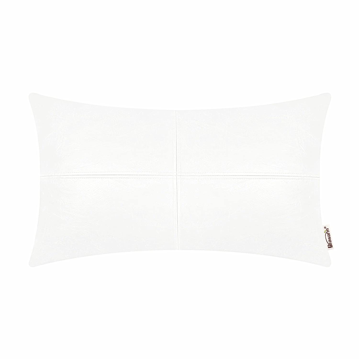 Brawarm Faux Leather Throw Pillow Covers 12 X 20 Inches, White Leather Pillow Cover, Hand Stitched Leather Decorative Lumbar Pil